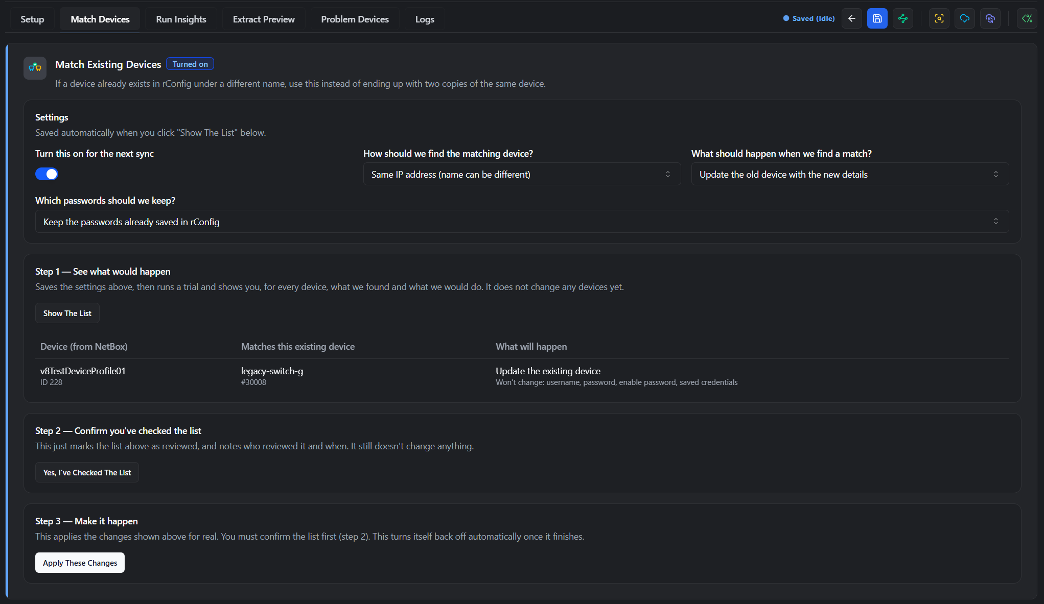 Match Devices tab showing the settings panel and the three-step flow: Show The List, confirm, and Apply These Changes