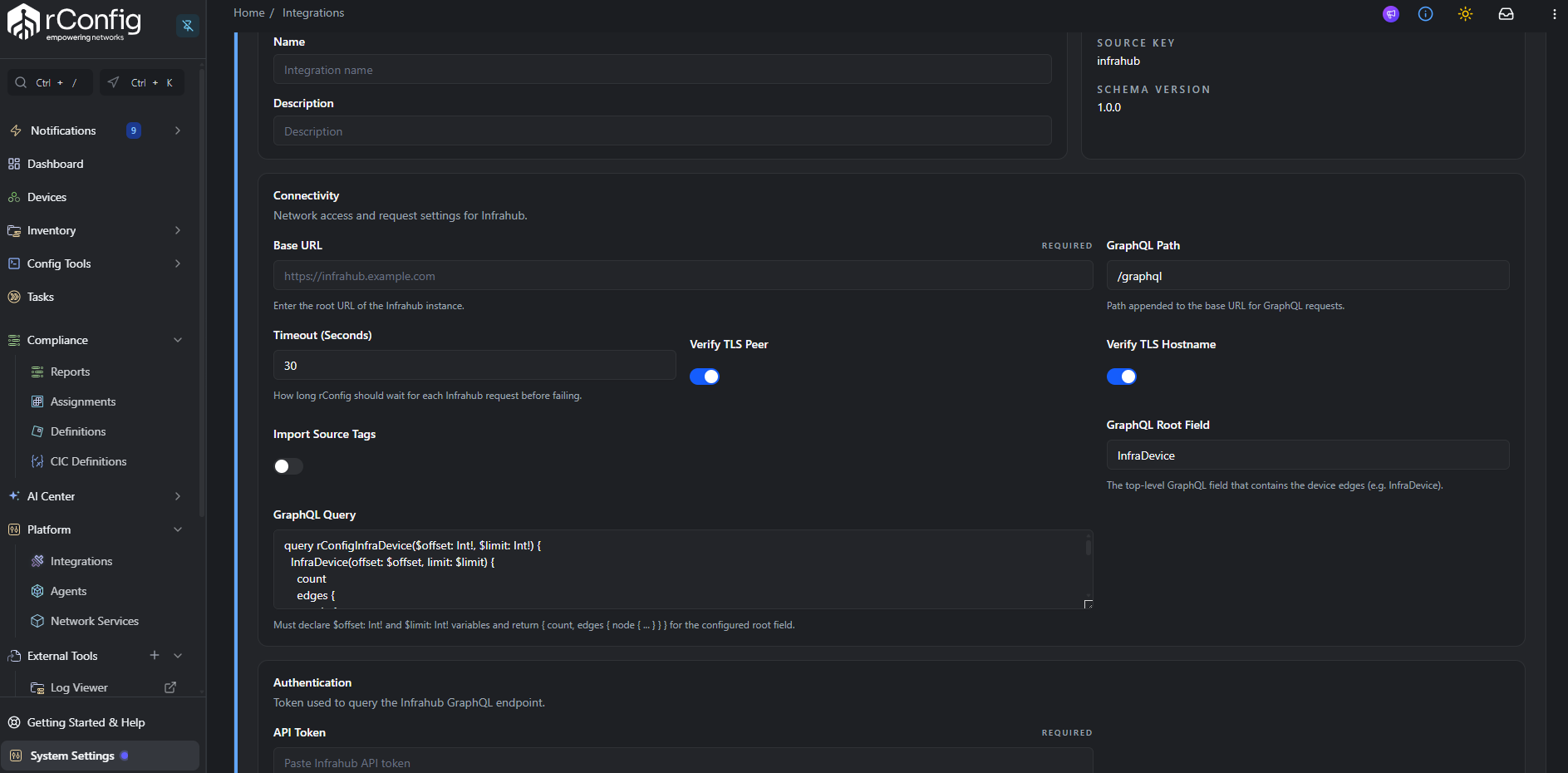Infrahub Setup tab with Connectivity and Authentication sections expanded