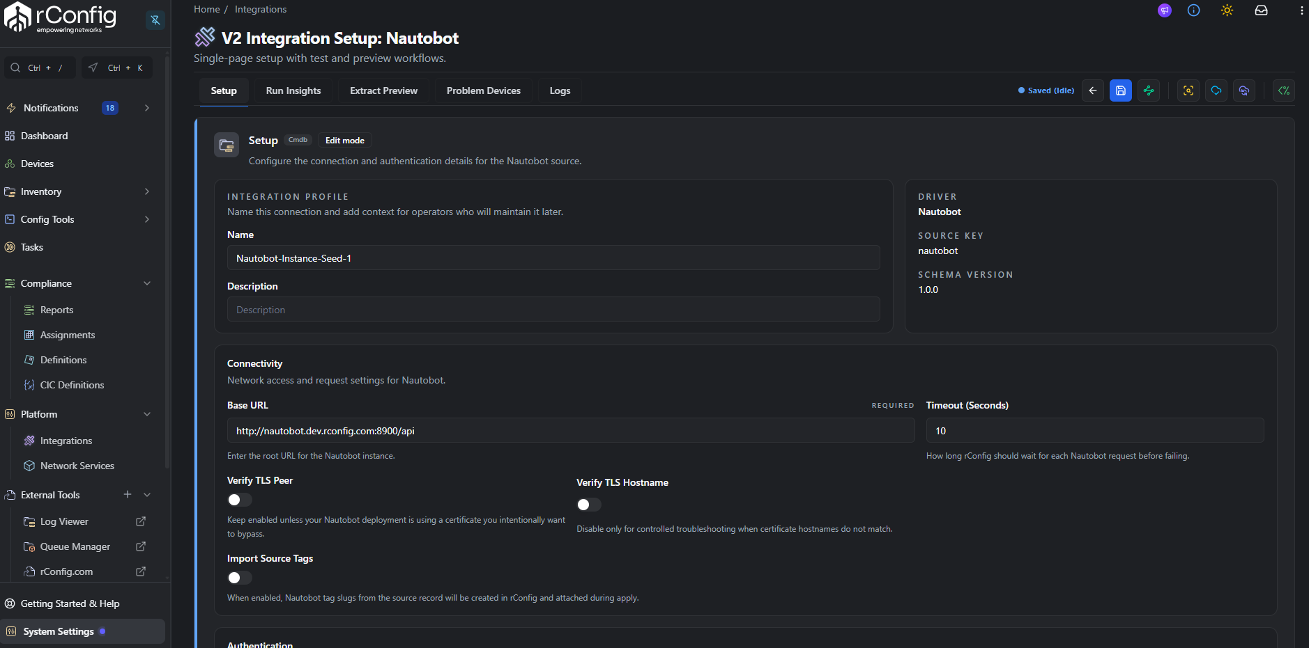 Nautobot Setup tab with Connectivity and Authentication sections expanded