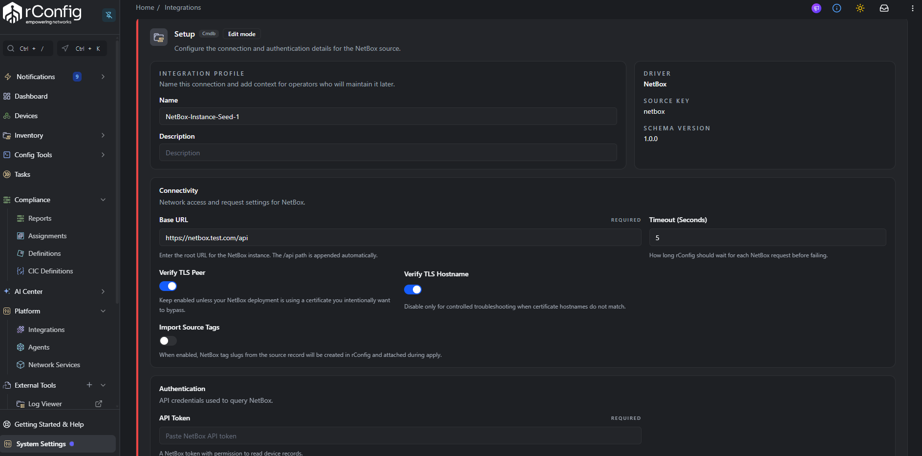 NetBox Setup tab with Connectivity and Authentication sections expanded