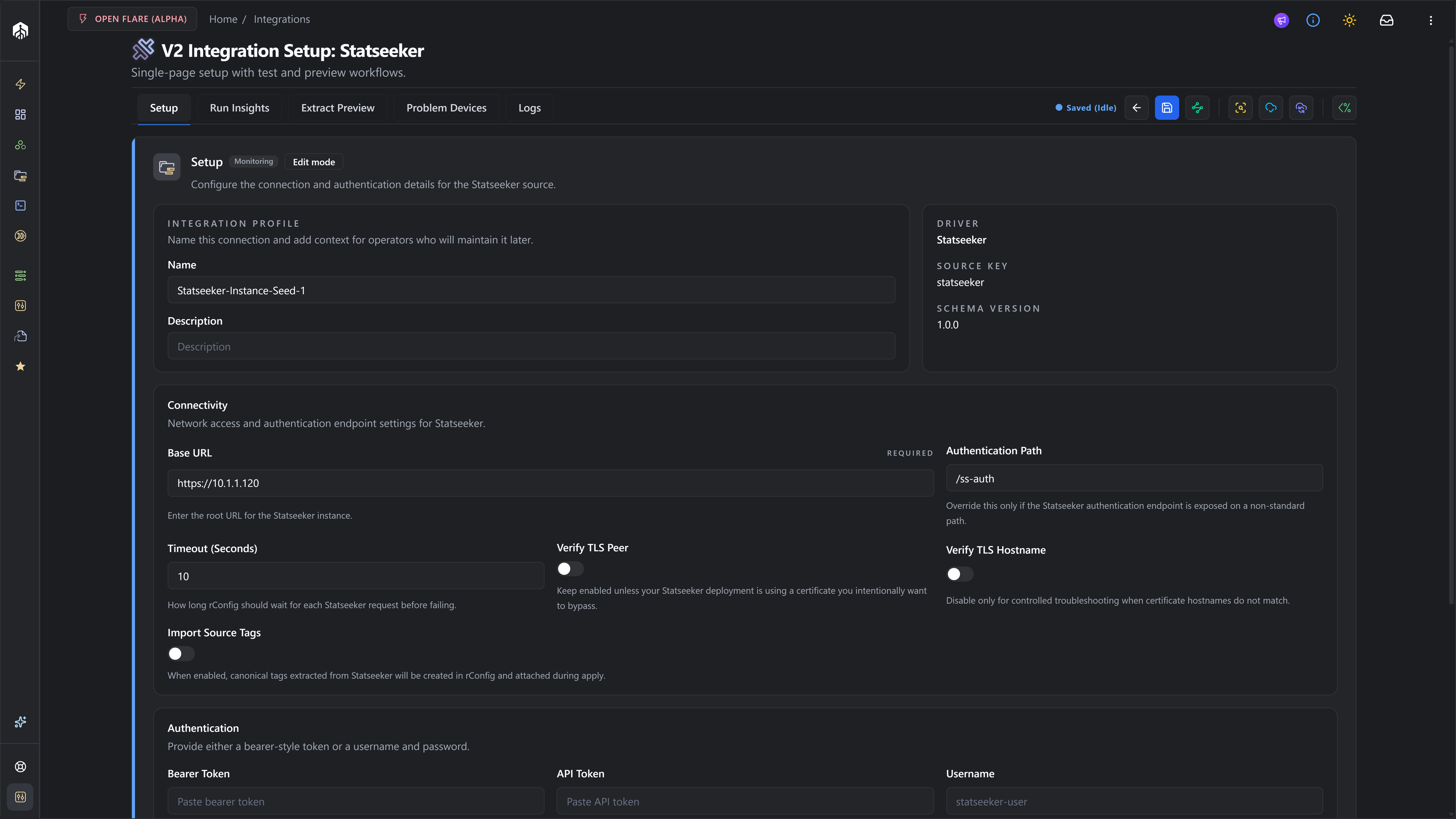 Statseeker Setup tab with Connectivity and Authentication sections expanded