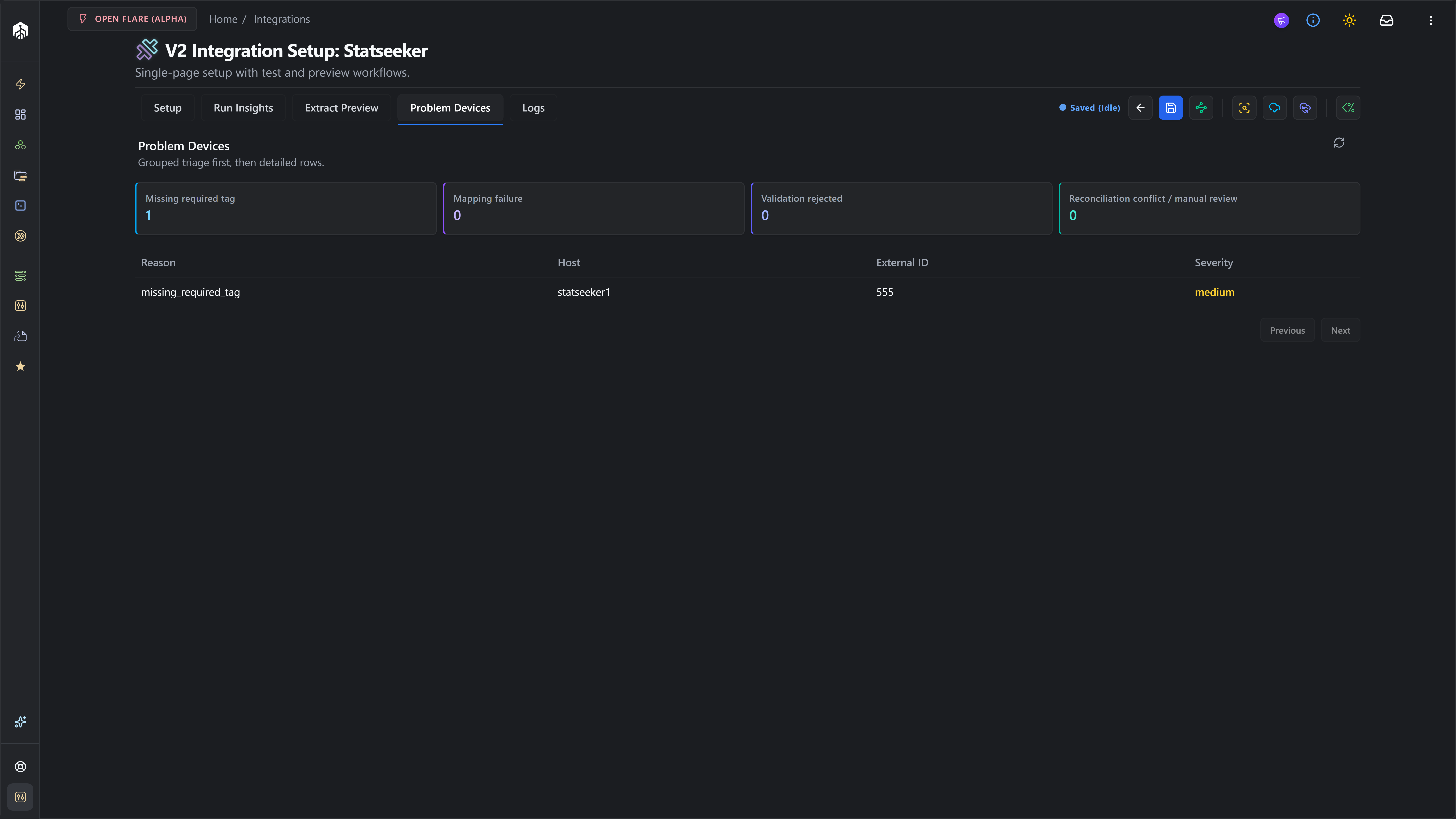 Problem Devices tab after a Sync Preview, showing canonicalize and reconcile groups