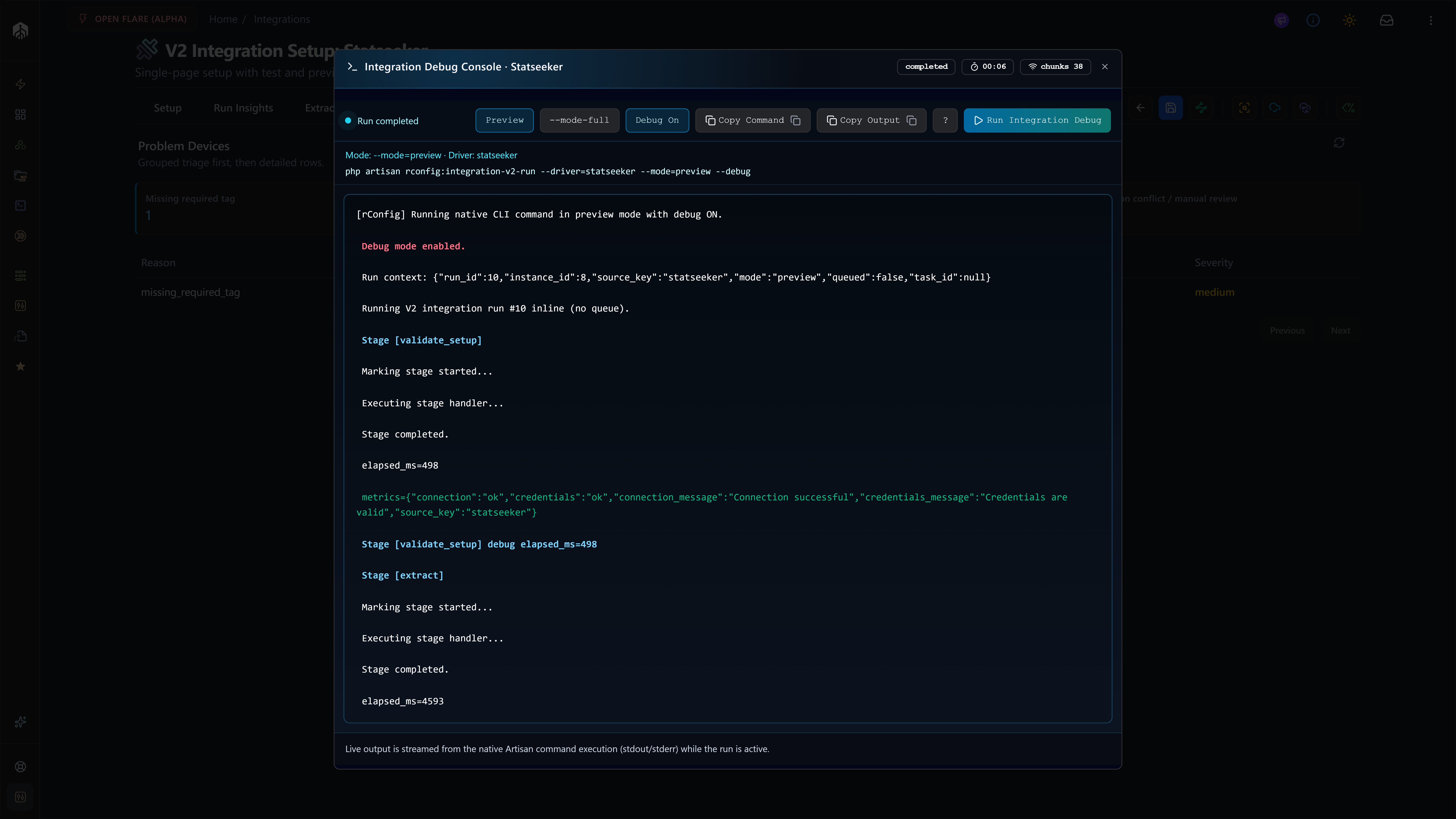 Debug Console modal mid-run for the Statseeker driver