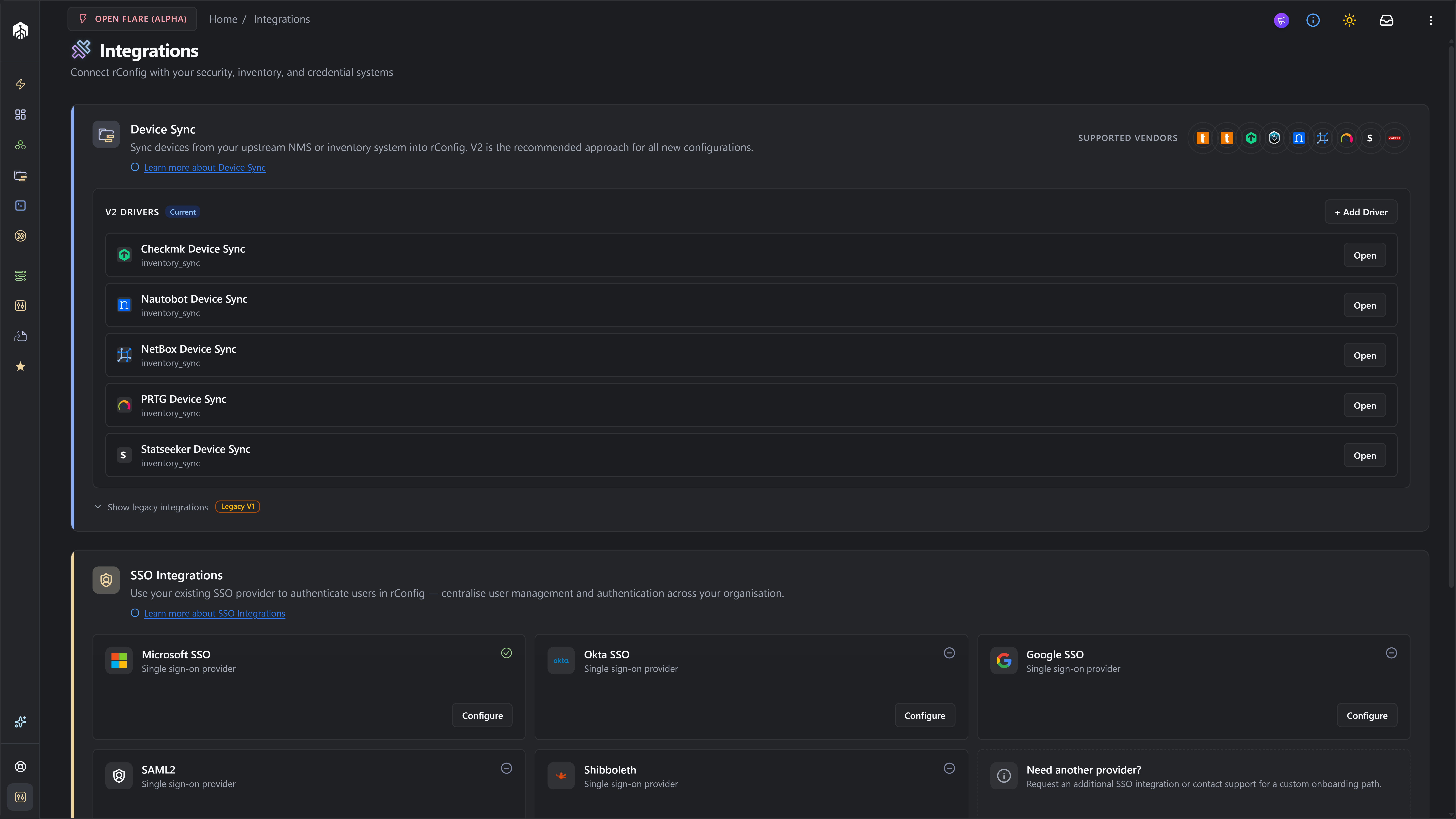 V2 driver picker (Settings → Integrations → New V2 Integration) with Statseeker highlighted