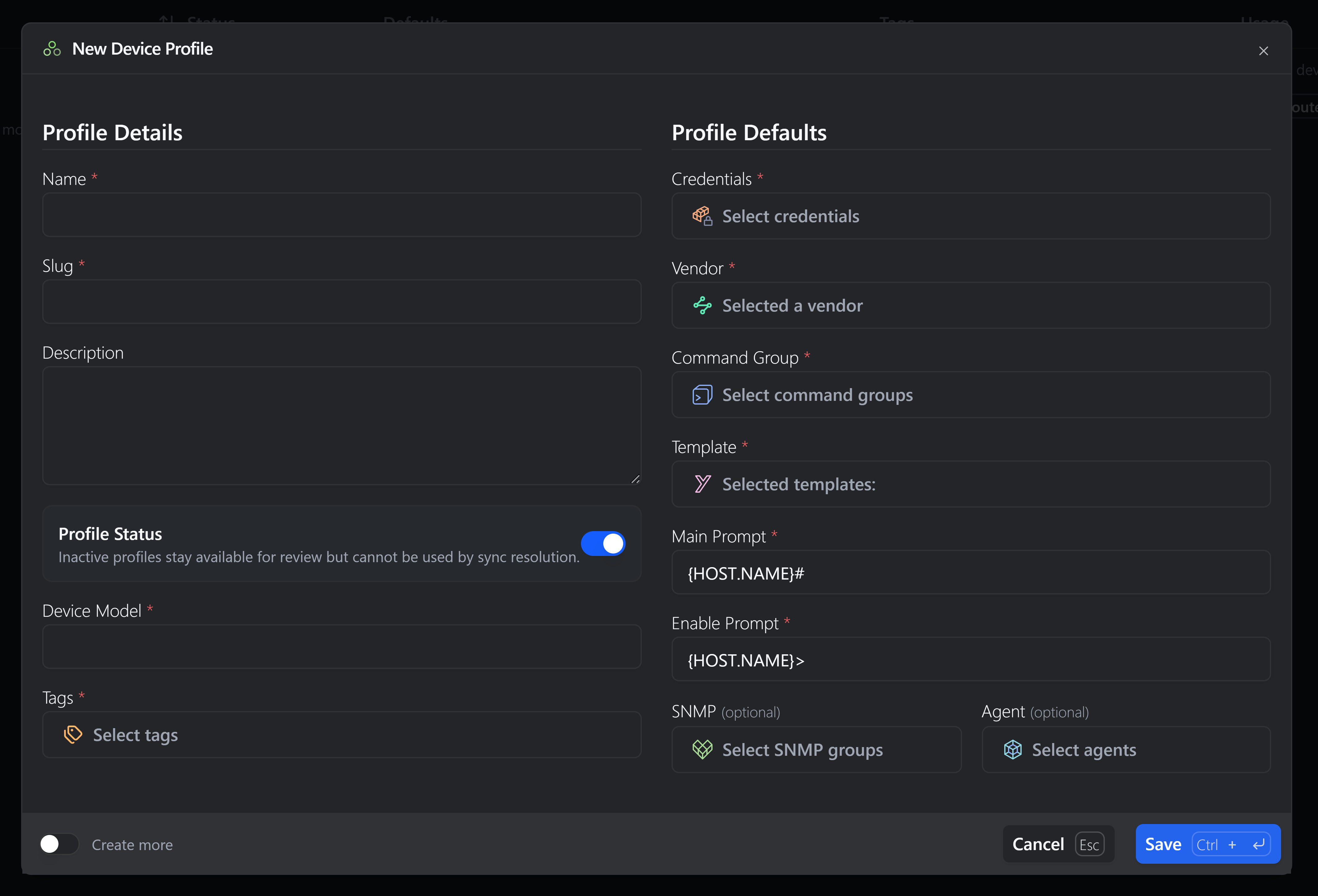 New Device Profile form populated for "Cisco IOS Core Routers"