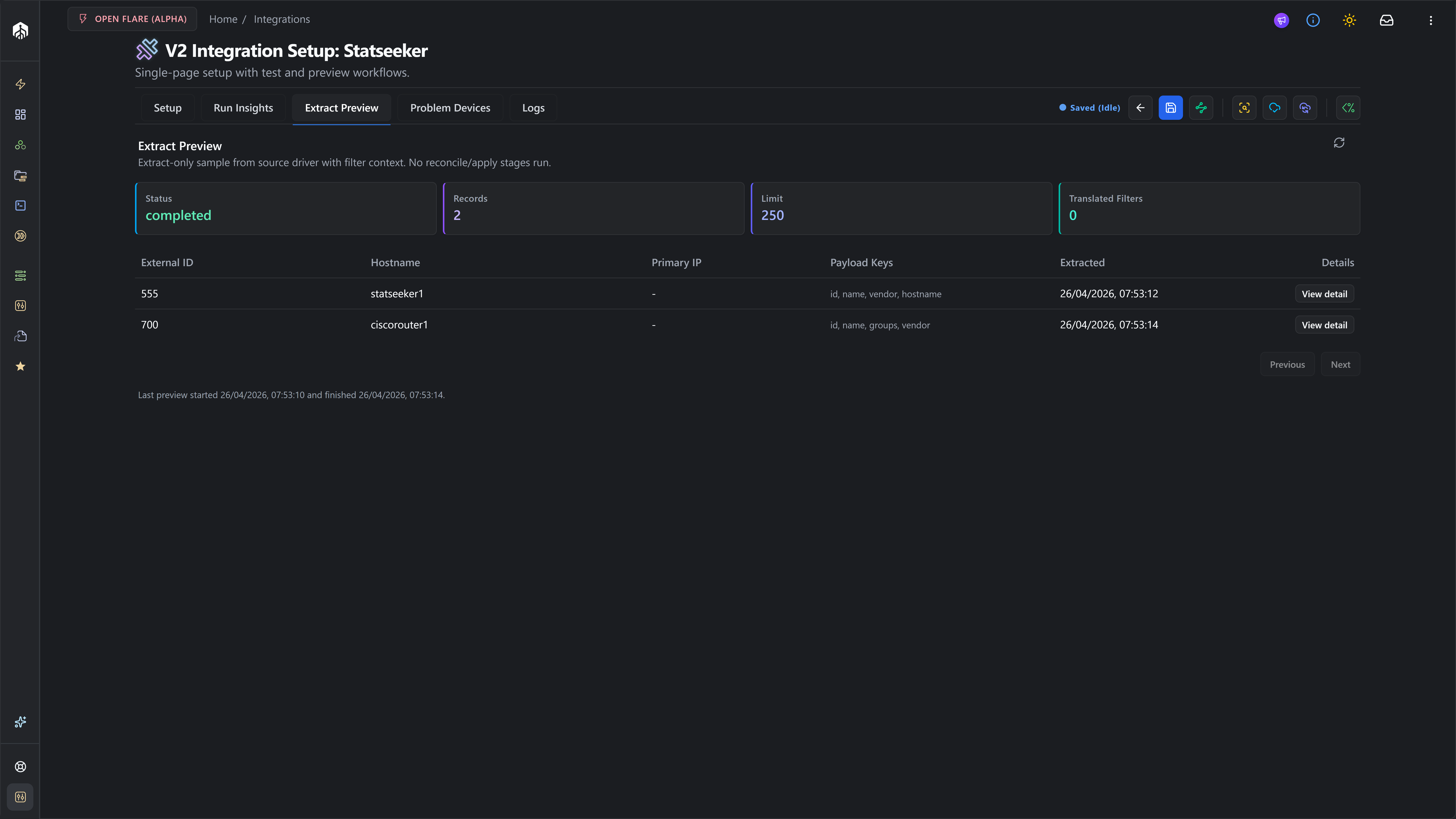 Statseeker Extract Preview tab with summary cards and result table