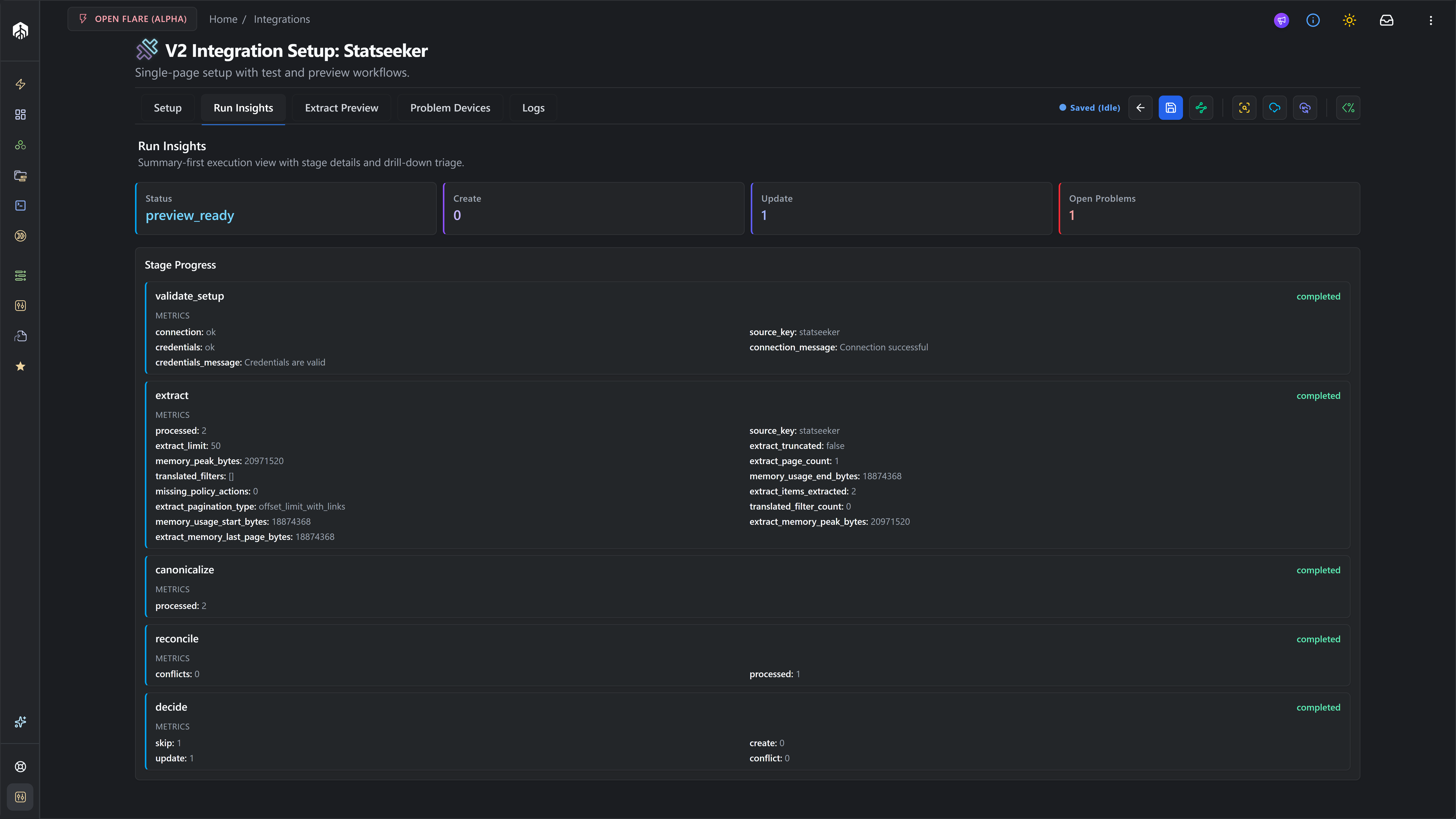 Run Insights tab populated after a Statseeker Sync Preview