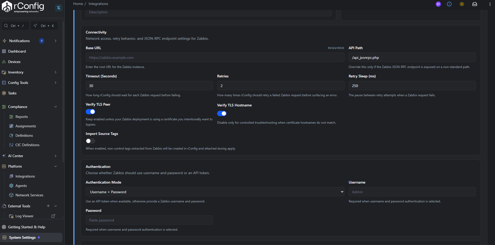 Zabbix Setup tab with Connectivity and Authentication sections expanded