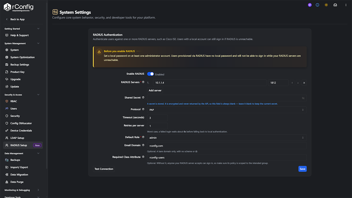 rConfig V8 RADIUS Setup pane under System Settings, showing the Enable RADIUS toggle, RADIUS server list with host and port, shared secret, protocol, timeout and retry values, default role, email domain, and required class attribute fields