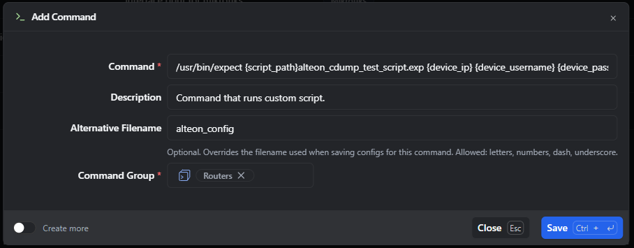 rConfig V8 command configuration screen showing the Expect script invocation command with script_path, device_ip, device_username, and device_password parameter placeholders