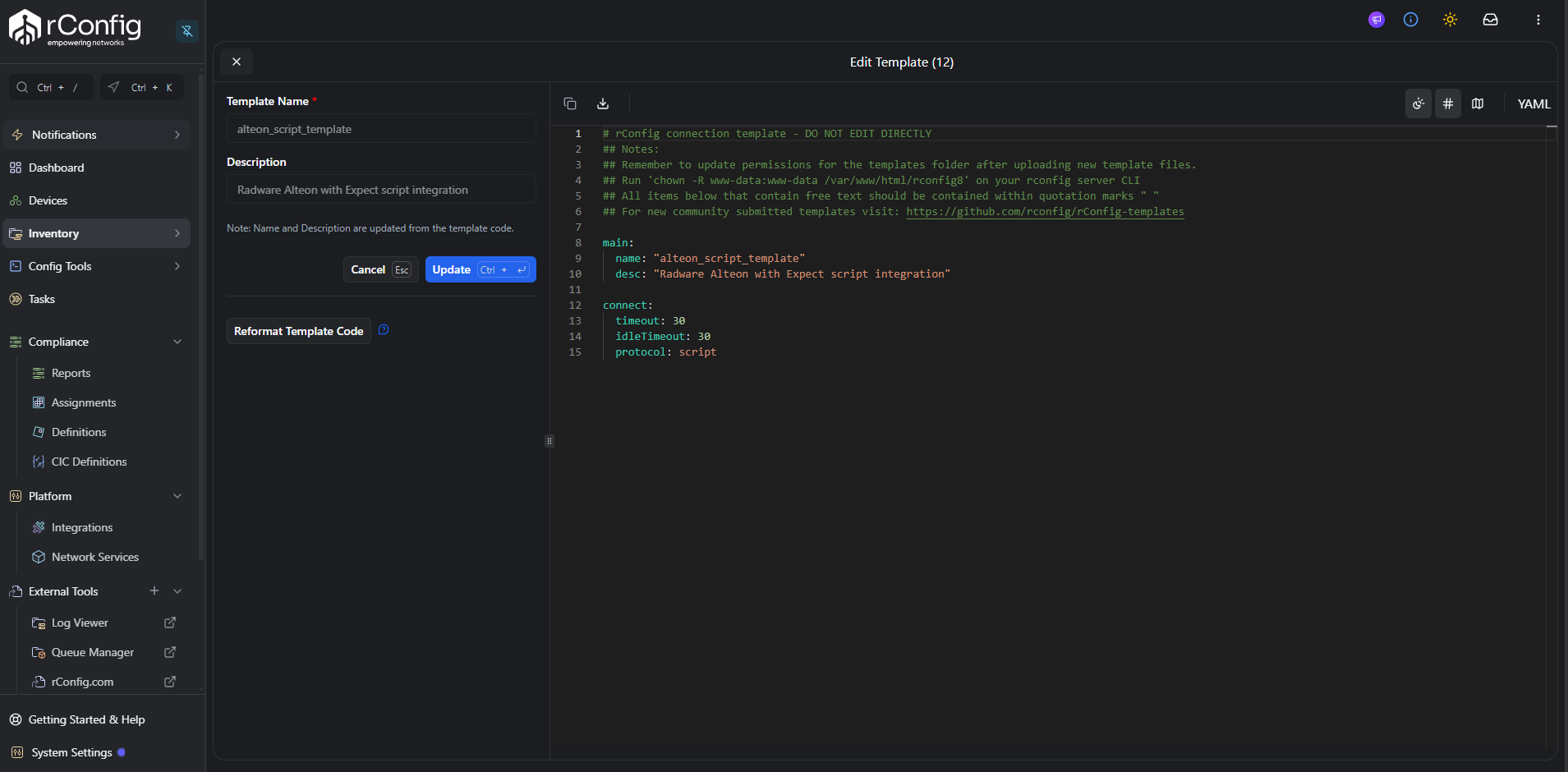 rConfig V8 device template editor showing the Alteon script-based connection template with name, description, and protocol: script set in the connect section