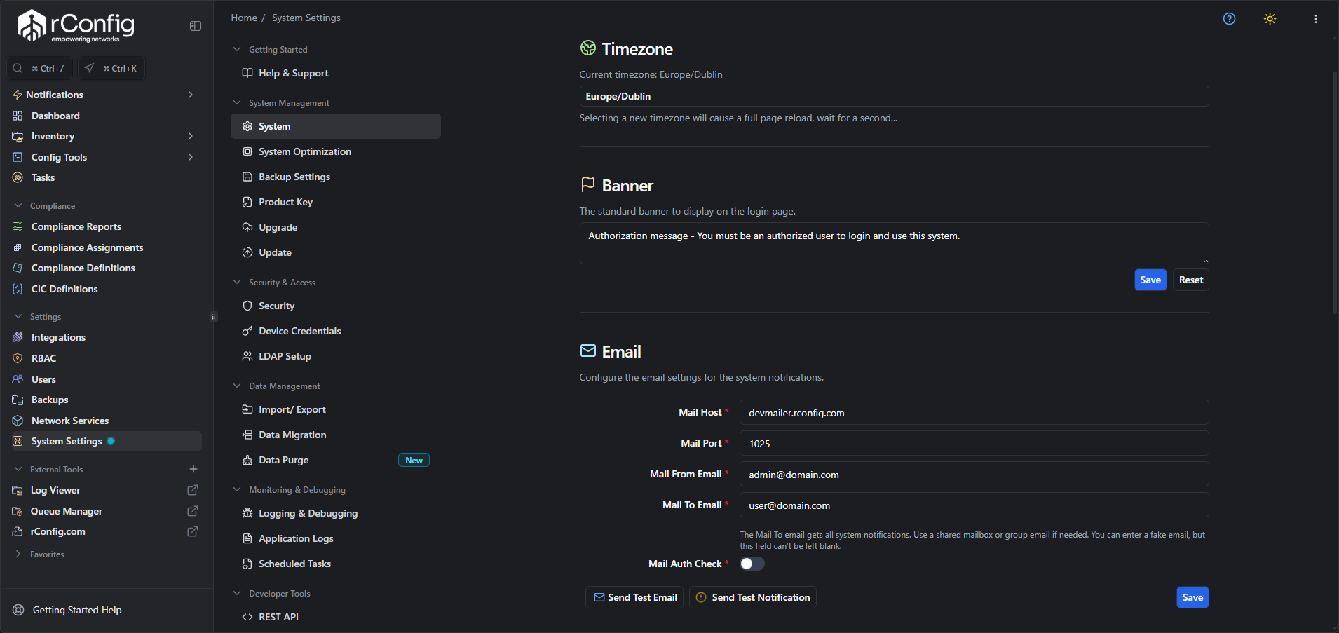 rConfig V8 centralized system settings hub for network configuration management and security options