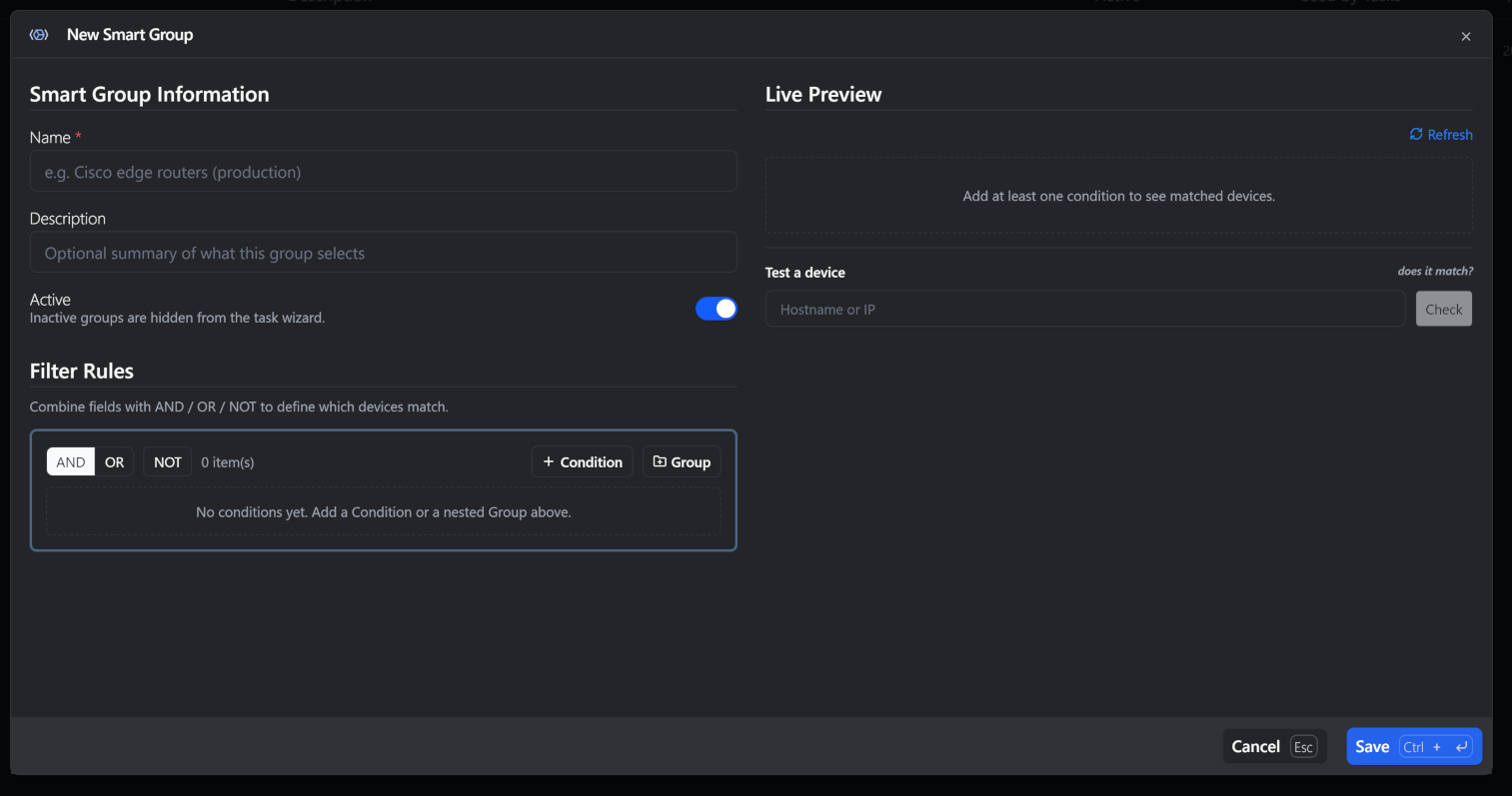 Smart Group add/edit dialog showing the two-column layout with identity, filter rules, and live preview