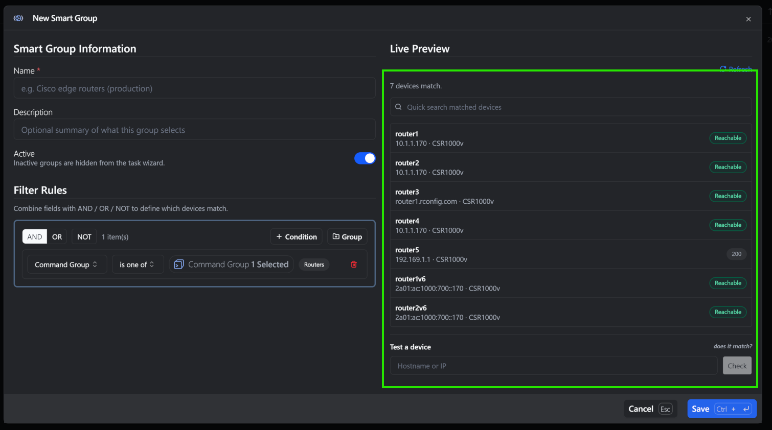 Live preview pane showing match count, sample devices, quick-search input, and the test-a-device probe