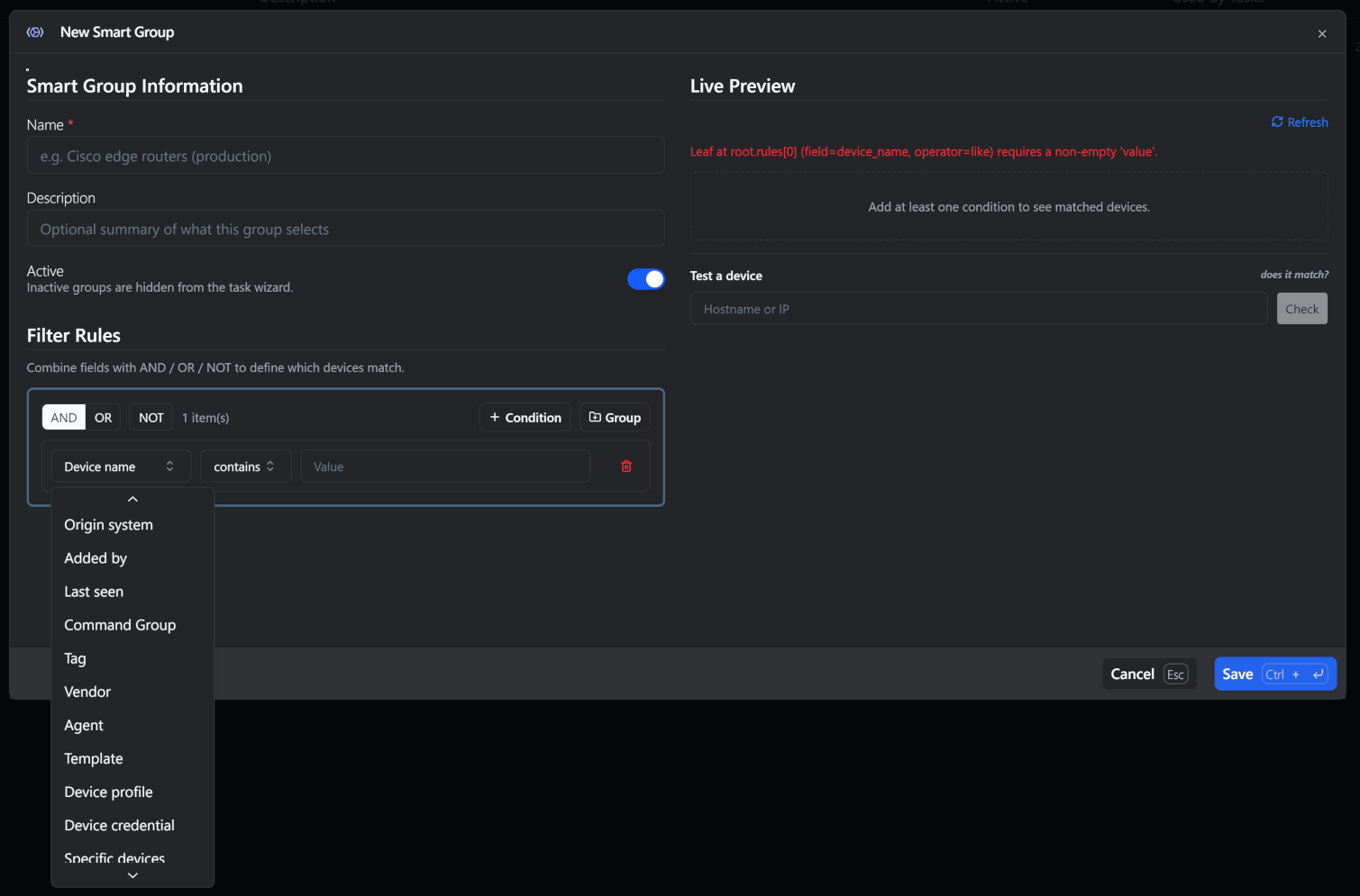 Rule builder UI showing AND/OR/NOT toggles and a mix of conditions across vendor, tag, model, and status fields