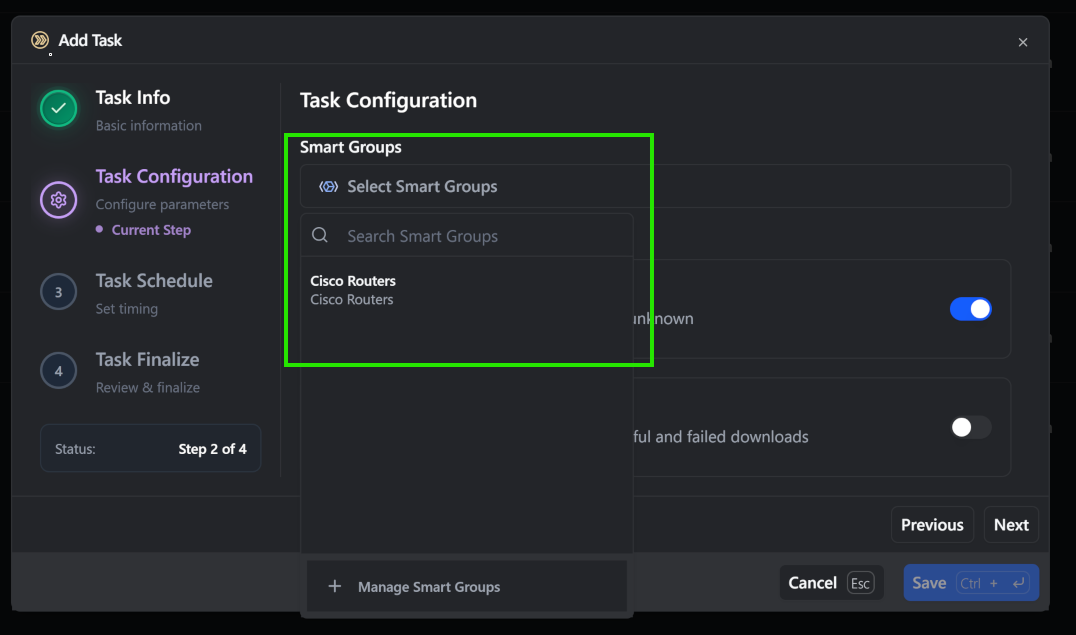 Task wizard Step 3 with Smart Group picker selected for the rconfig:download-devicegroup task type