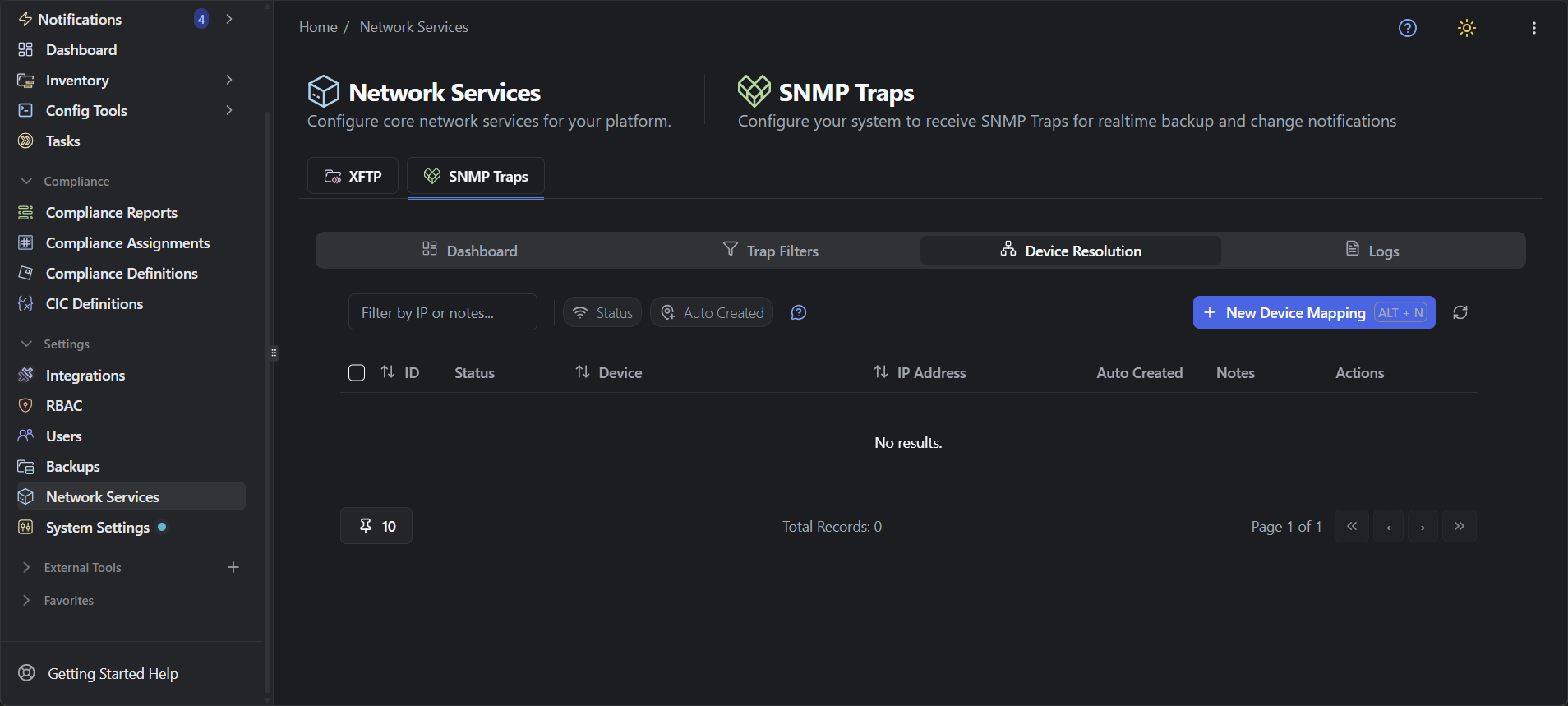rConfig V8 SNMP Trap Device Resolution mapping table for associating trap source IPs with managed devices