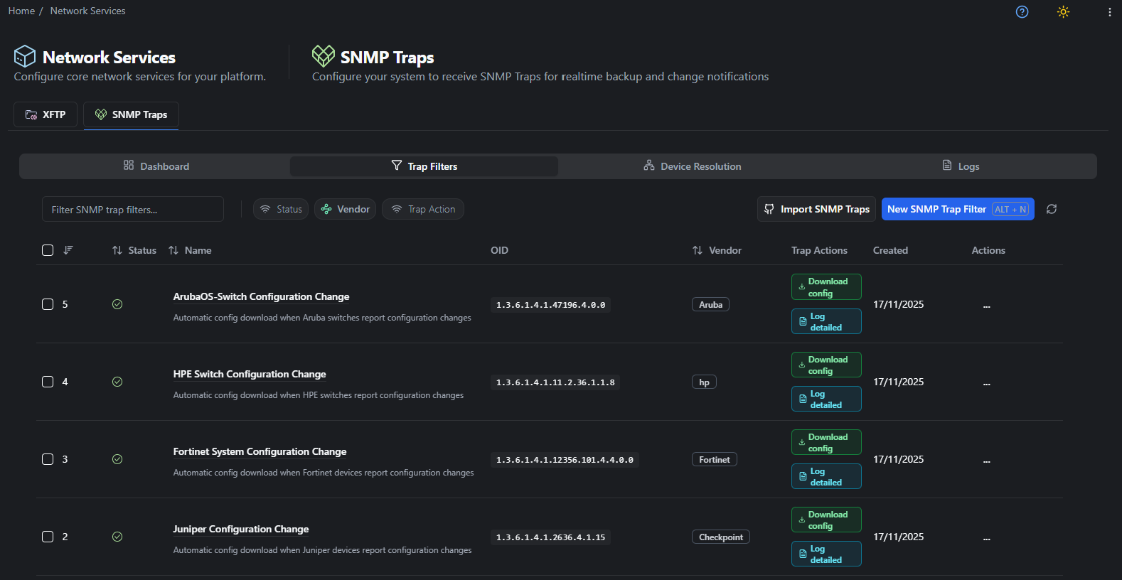 rConfig V8 SNMP Trap Filters management table displaying configured filter rules for network event processing