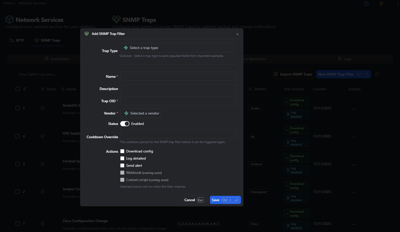 rConfig V8 Add SNMP Trap Filter form interface for creating network device trap processing rules