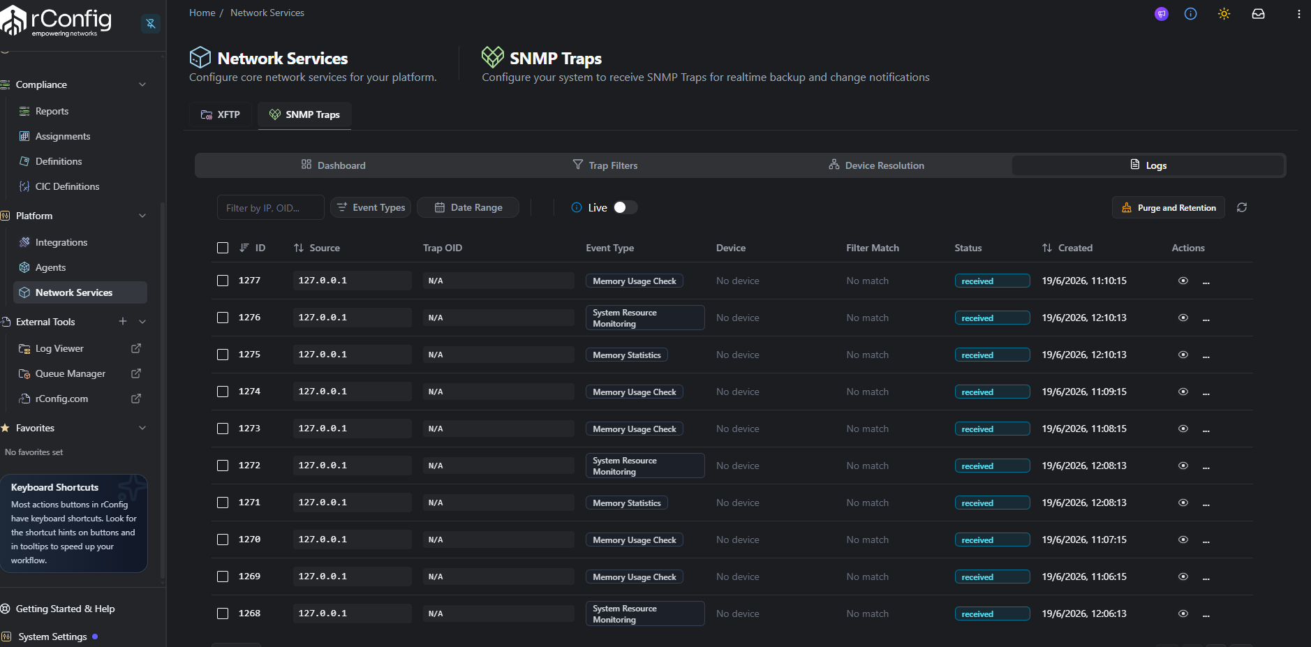 rConfig V8 SNMP Trap Logs table with search filters and historical network trap event records