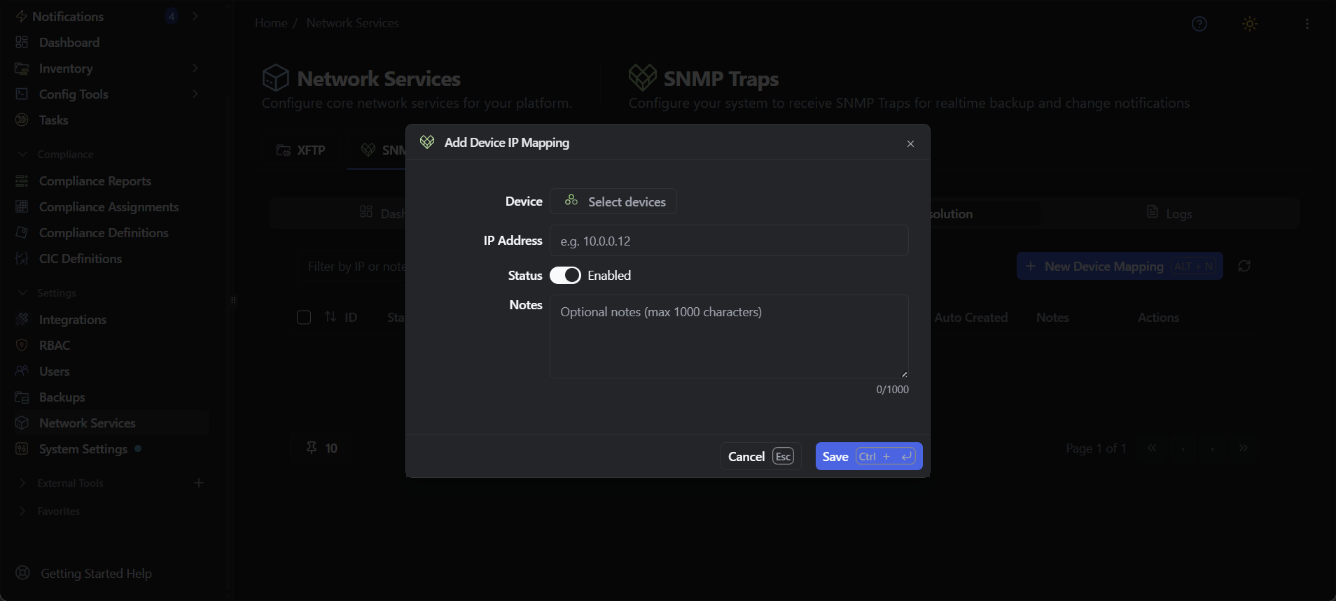 rConfig V8 Add Device IP Mapping form for SNMP trap source device identification and resolution