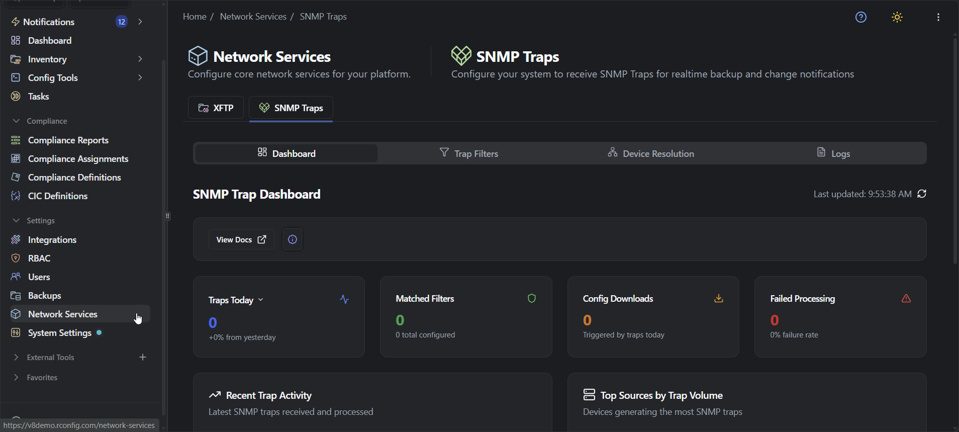rConfig V8 navigation menu showing SNMP Trap Handler location in Network Services section