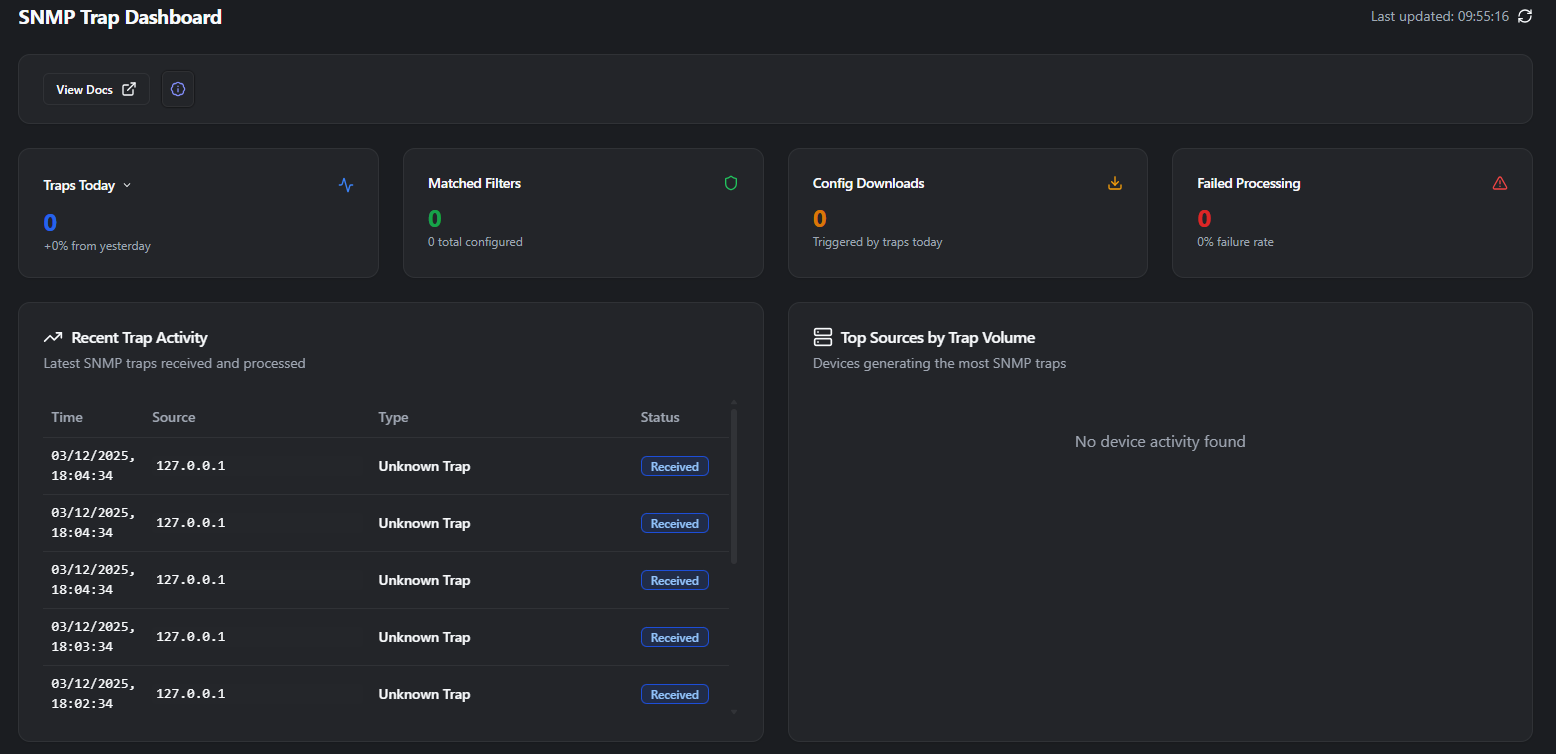 rConfig V8 SNMP Trap Dashboard displaying service status, performance metrics, and real-time trap monitoring