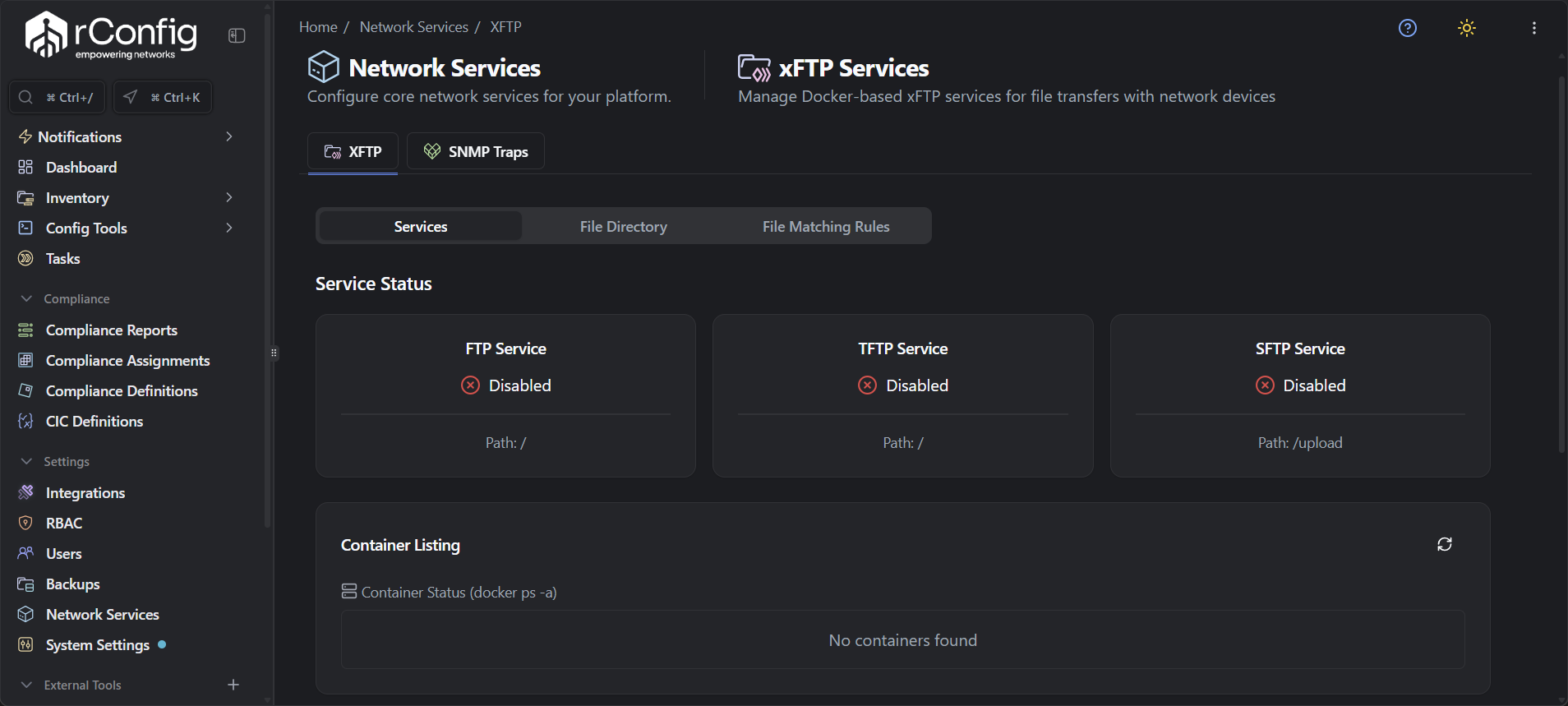 rConfig V8 xFTP Services settings dashboard displaying service status and configuration options