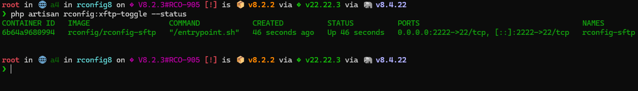 rConfig V8 CLI terminal output confirming SFTP service running on the configured custom port