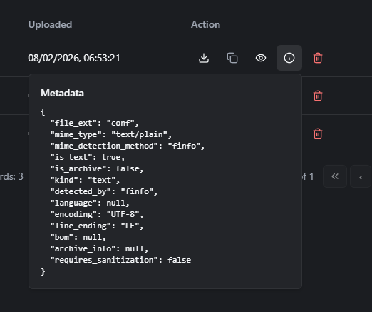 rConfig V8 complete file listing interface with view, download, and delete management actions
