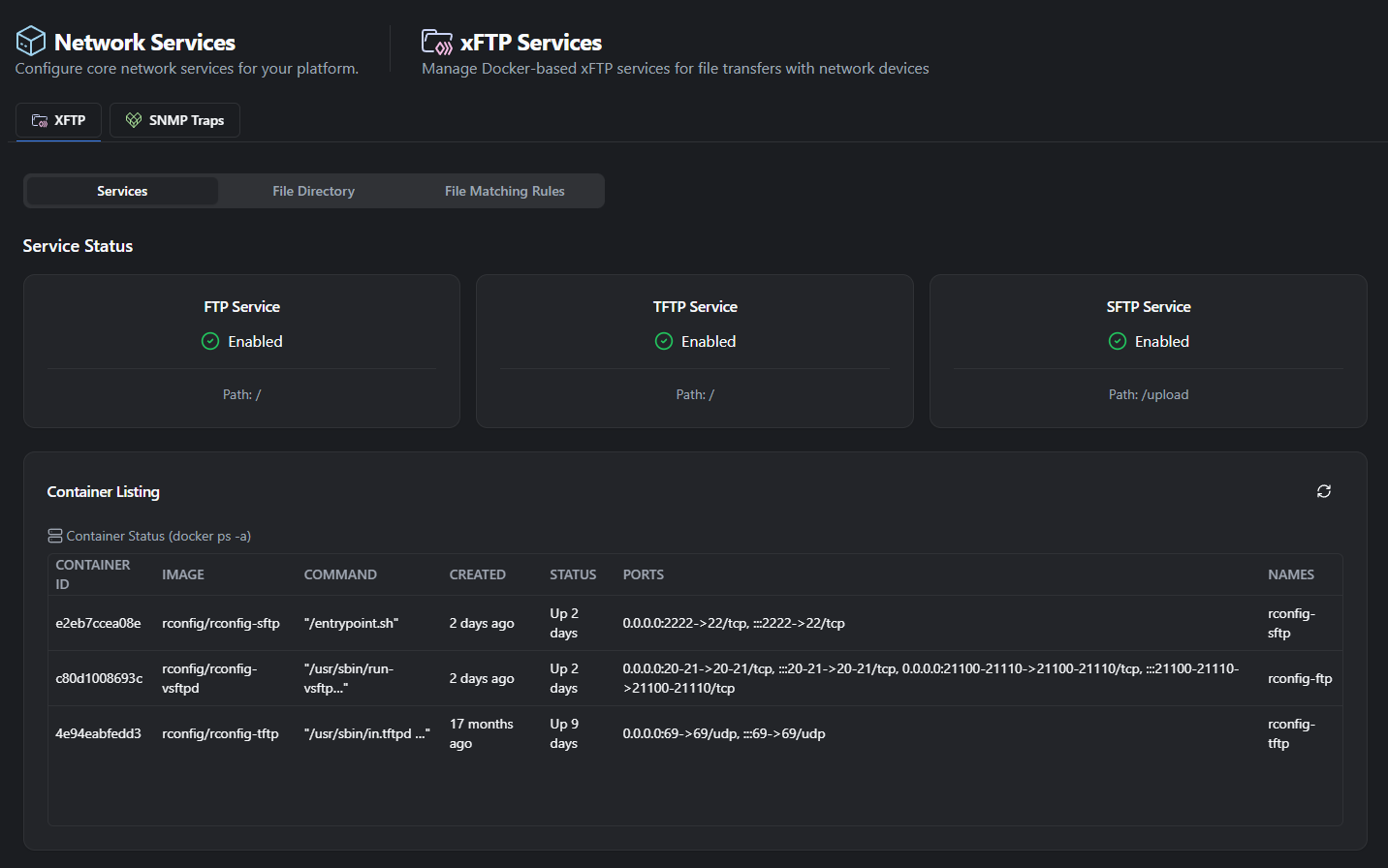rConfig V8 xFTP Services management dashboard showing Docker running status and container health