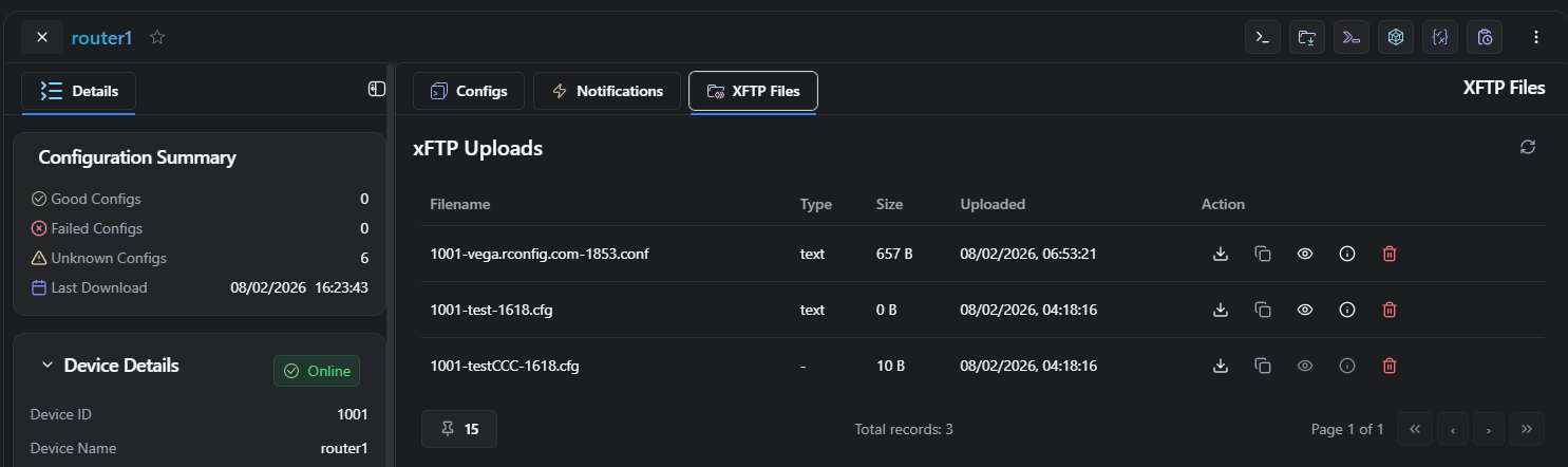 rConfig V8 Device xFTP files table with Peek modal
