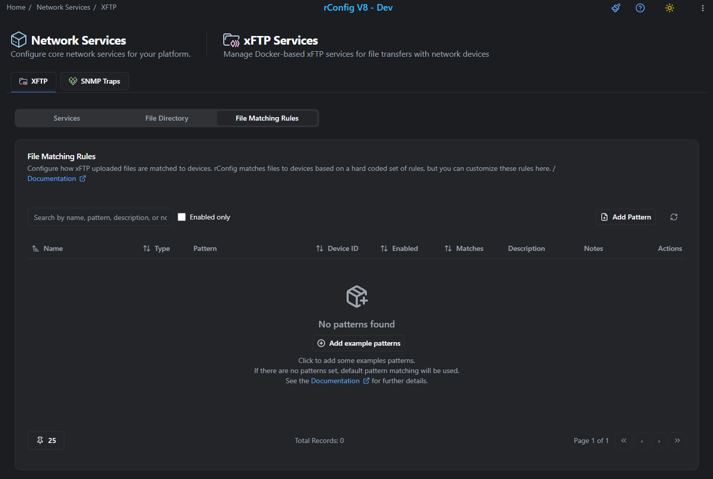 rConfig V8 xFTP File Matching Rules management interface
