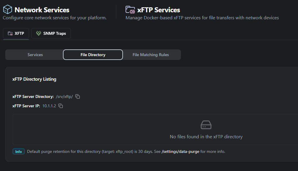rConfig V8 xFTP Services dashboard displaying orphaned files requiring device ID association