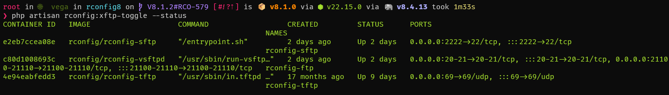 rConfig V8 CLI terminal output displaying xFTP service status and Docker container information