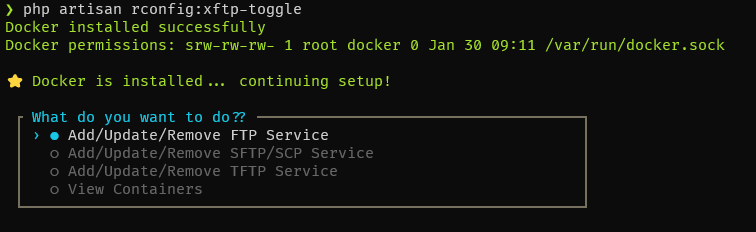rConfig V8 xFTP Services management dashboard showing Docker running status and container health