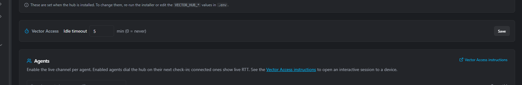rConfig Vector Hub page Vector Access panel with the Idle timeout field in minutes set to 5 and a Save button