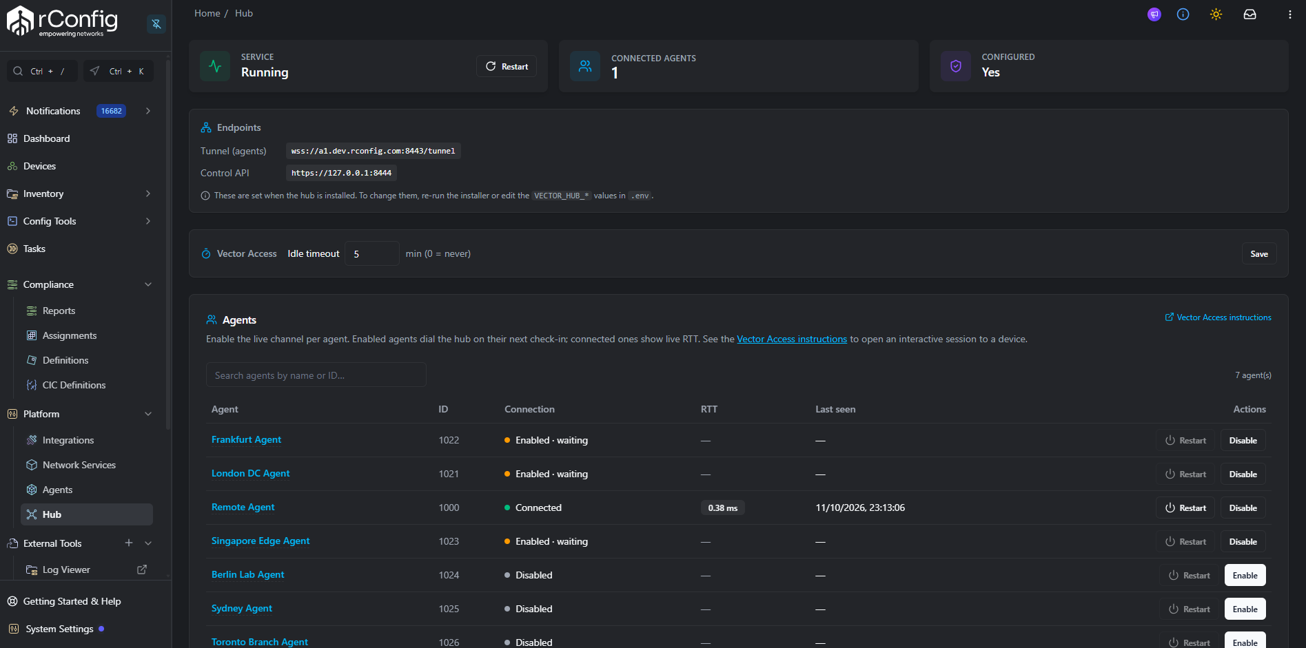 rConfig Vector Hub page showing service status KPI tiles and the Agents roster with Connected, Enabled waiting, and Disabled status indicators, a search box, and Enable and Restart buttons per agent
